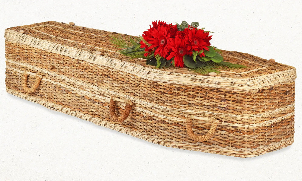 Ecoffins Banana Hazelfield Traditional wicker coffin with red flowers on a white background
